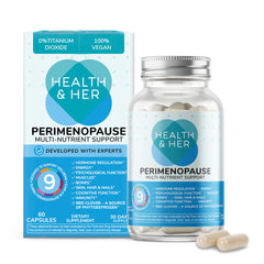 Health and Her envase frontal mostrando la fórmula para perimenopausia y tranquilidad