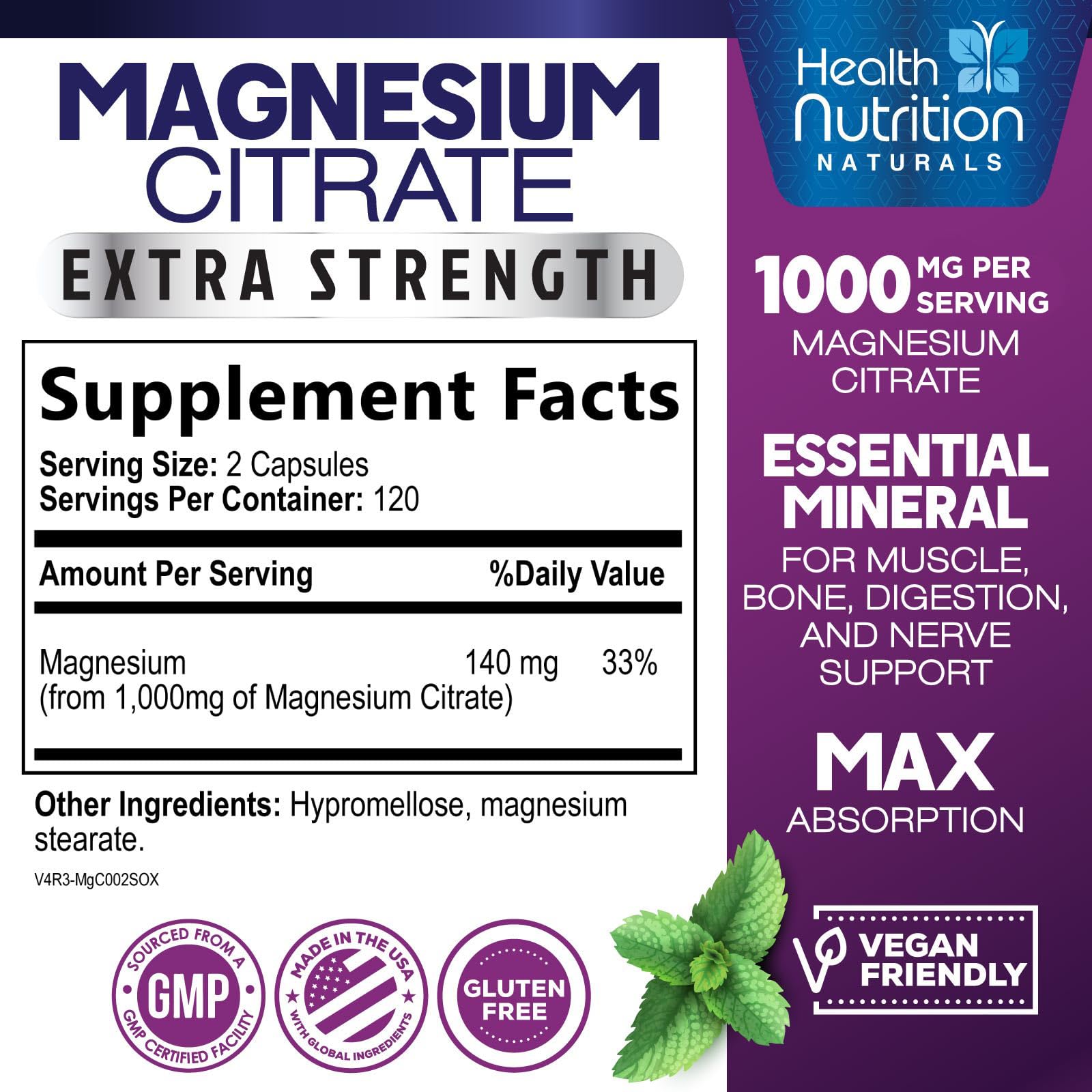 Health Nutrition Naturals tapa y etiqueta legible con información de alta absorción