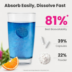 Healthbiotics polvo y tableta en agua demostrando textura y disolución