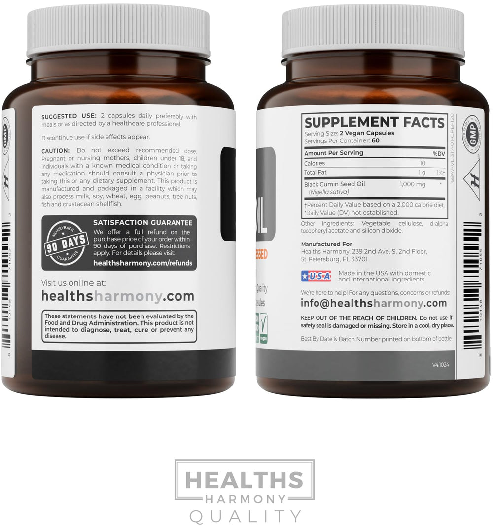 Healths Harmony Nigella sativa seeds and oil highlighting natural source and traditional use benefit