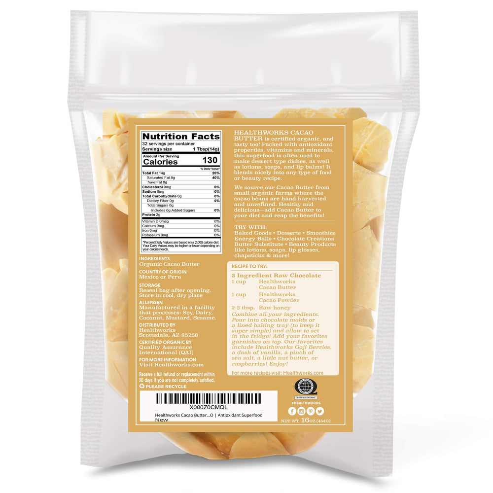 Healthworks cacao butter block close-up highlighting creamy texture benefit