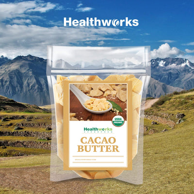 Healthworks cacao butter ingredient label close-up showing organic sourcing benefit