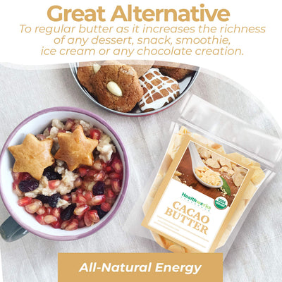 Healthworks cacao butter melting in bowl for easy recipe blending benefit