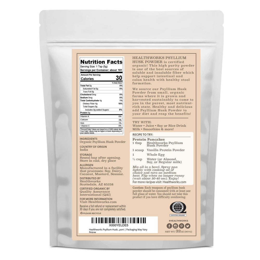 Healthworks Superfoods primer plano del polvo de psyllium mostrando textura fina y pura