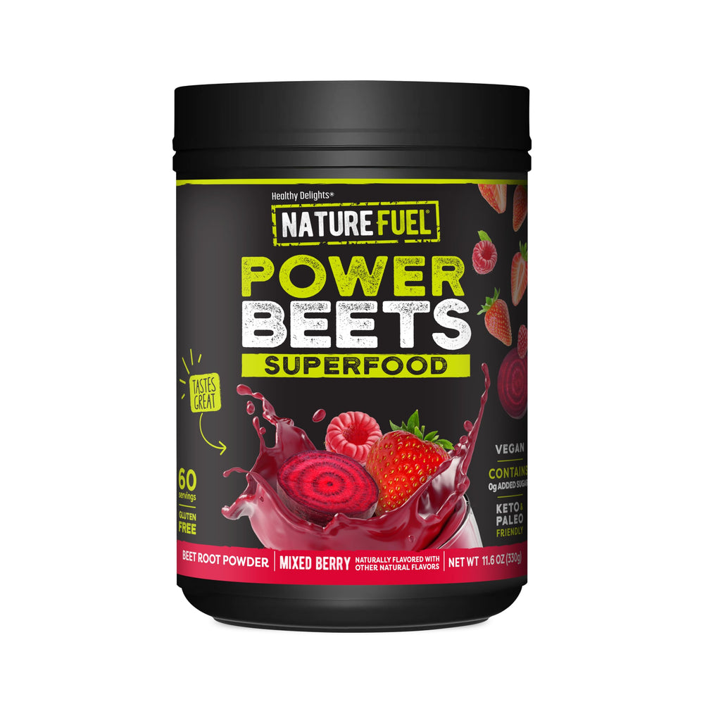 Healthy Delights envase frontal mostrando 60 servicios y sabor Mixed Berry