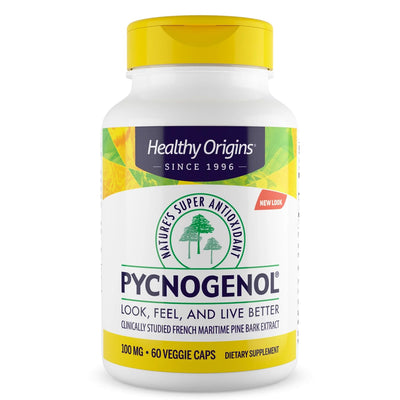 Healthy Origins bottle front view showing Pycnogenol benefits and labeling