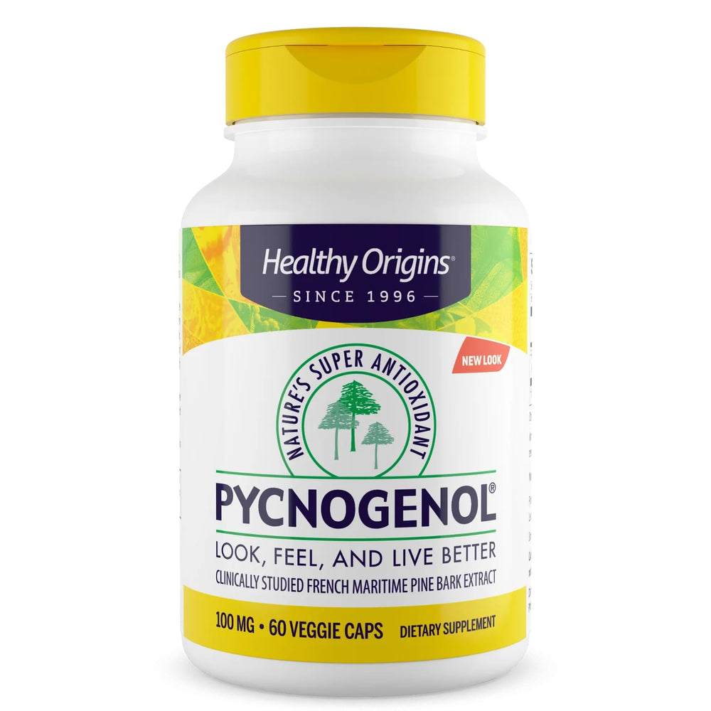 Healthy Origins bottle front view showing Pycnogenol benefits and labeling