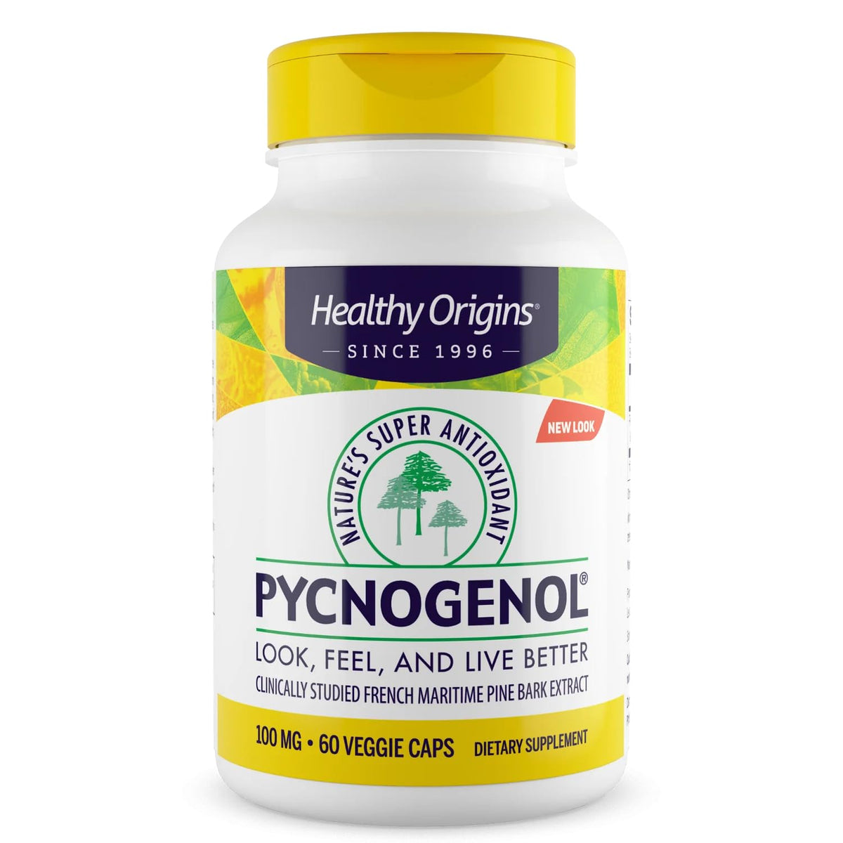 Healthy Origins bottle front view showing Pycnogenol benefits and labeling