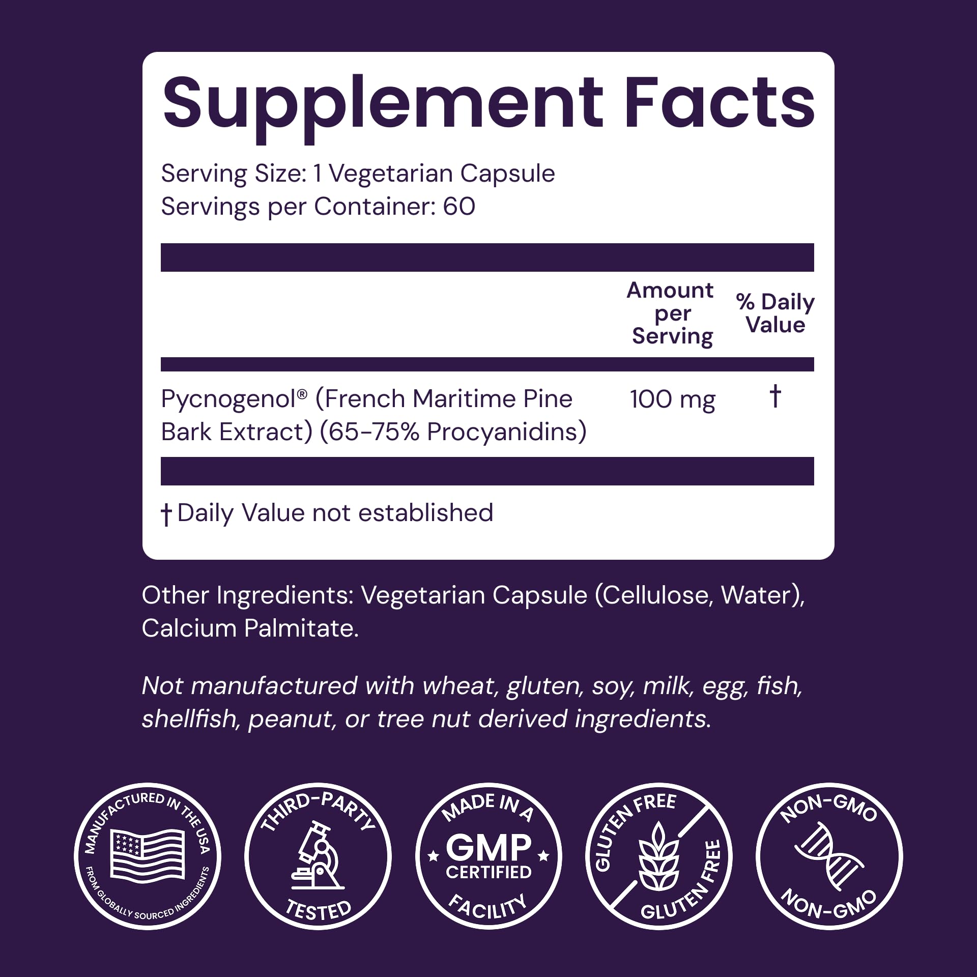 Healthy Origins supplement facts label showing pure Pycnogenol content