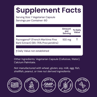 Healthy Origins supplement facts label showing pure Pycnogenol content