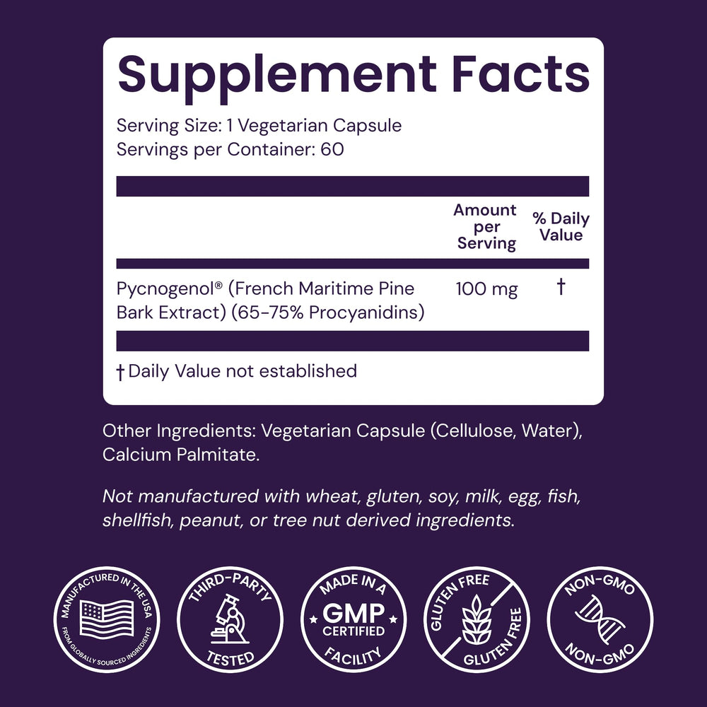 Healthy Origins supplement facts label showing pure Pycnogenol content