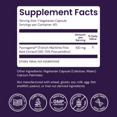 Healthy Origins supplement facts label showing pure Pycnogenol content