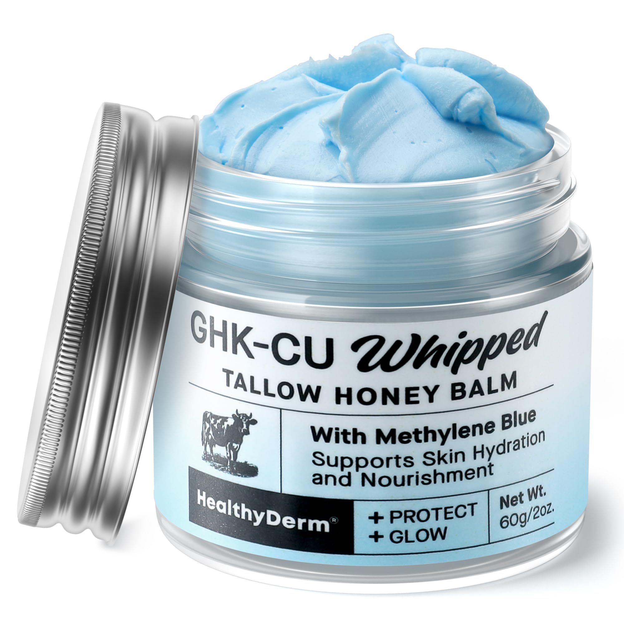 HealthyDerm frontal del bálsamo azul mostrando el envase y beneficio nutritivo