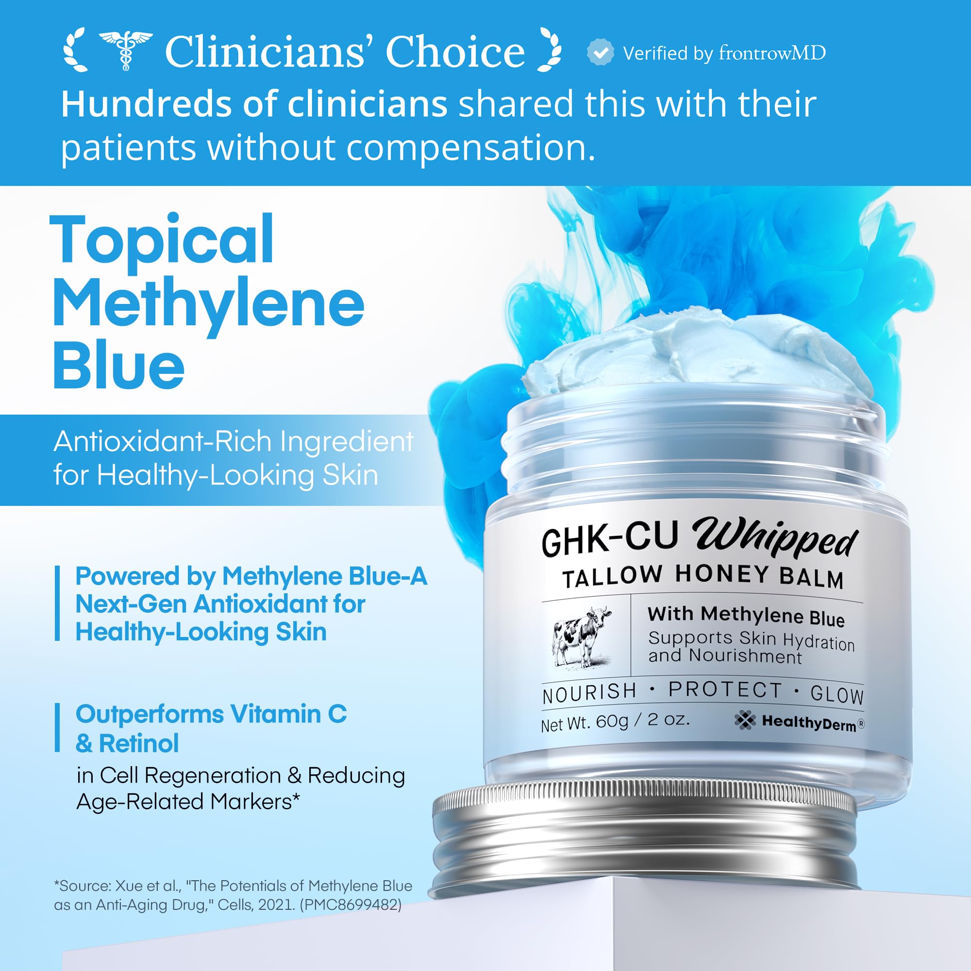 HealthyDerm envase abierto con contenido azul mostrando fácil dosificación