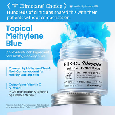 HealthyDerm envase abierto con contenido azul mostrando fácil dosificación