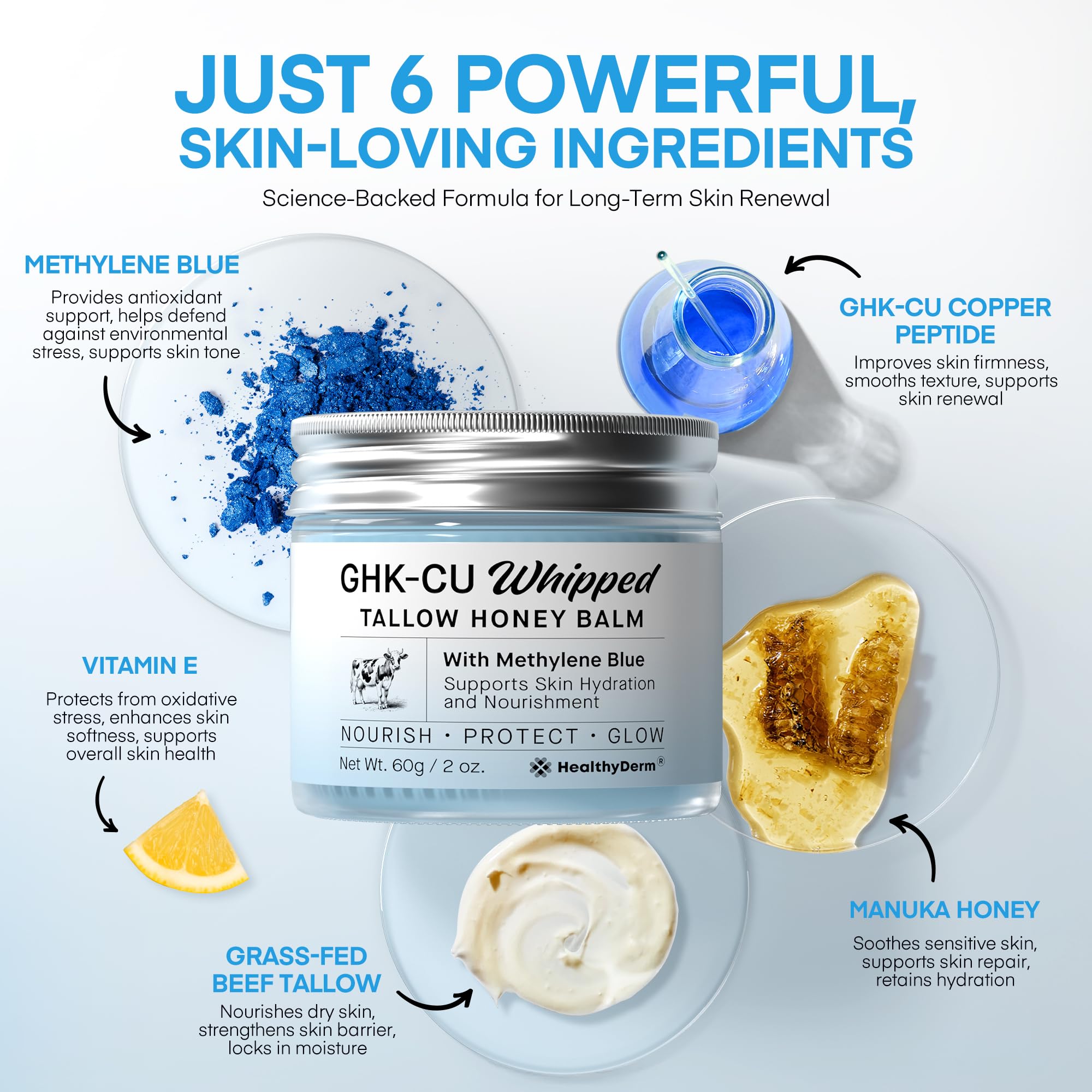 HealthyDerm etiqueta con ingredientes destacando péptidos y antioxidantes