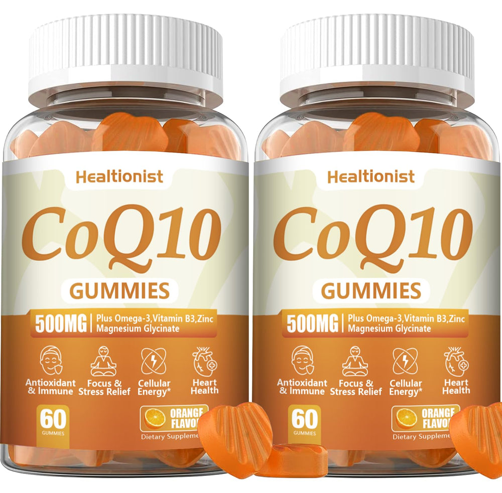Healtionist gomitas CoQ10 vista frontal con envase y beneficio conveniencia