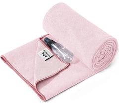 Heathyoga front view showing pink towel folded, clear brand and size benefits