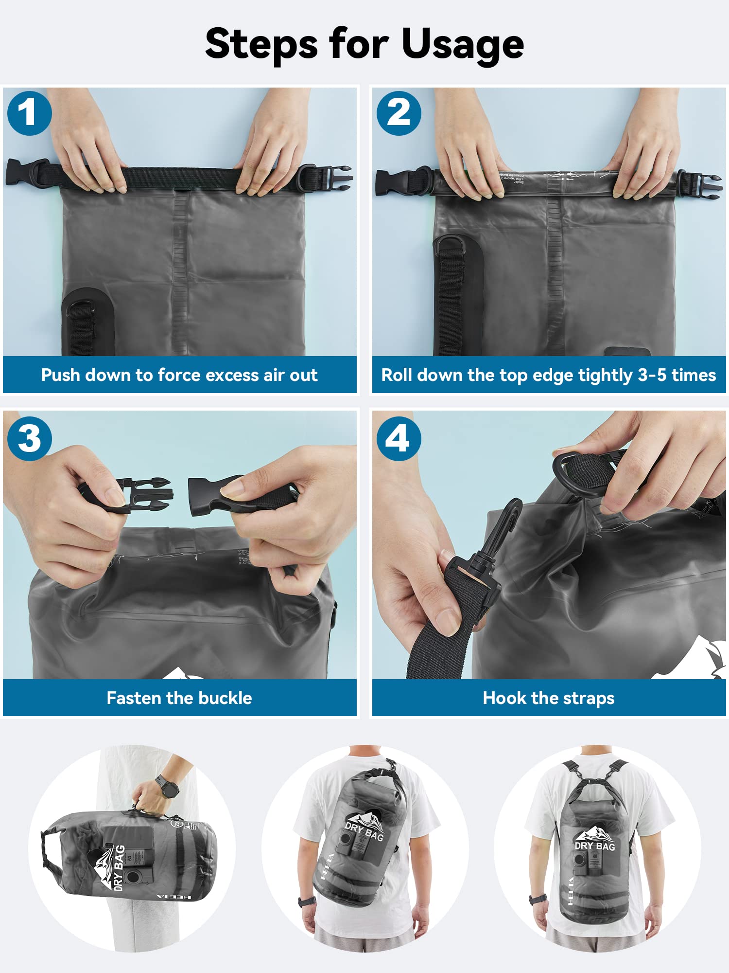 HEETA transparent bag with towel and bottle visible for quick-access benefit