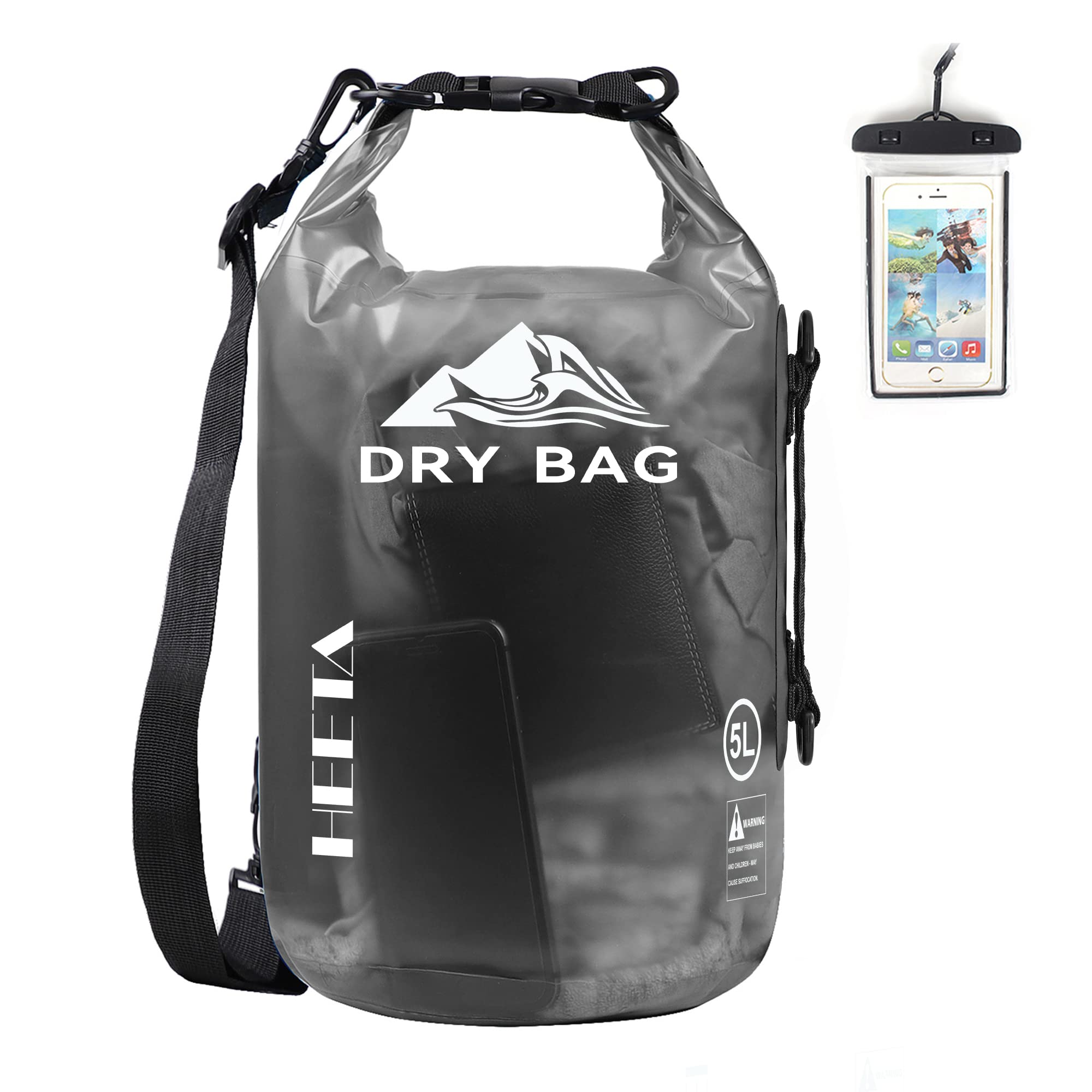 HEETA front view of 20L transparent black dry bag showing closure and capacity benefit