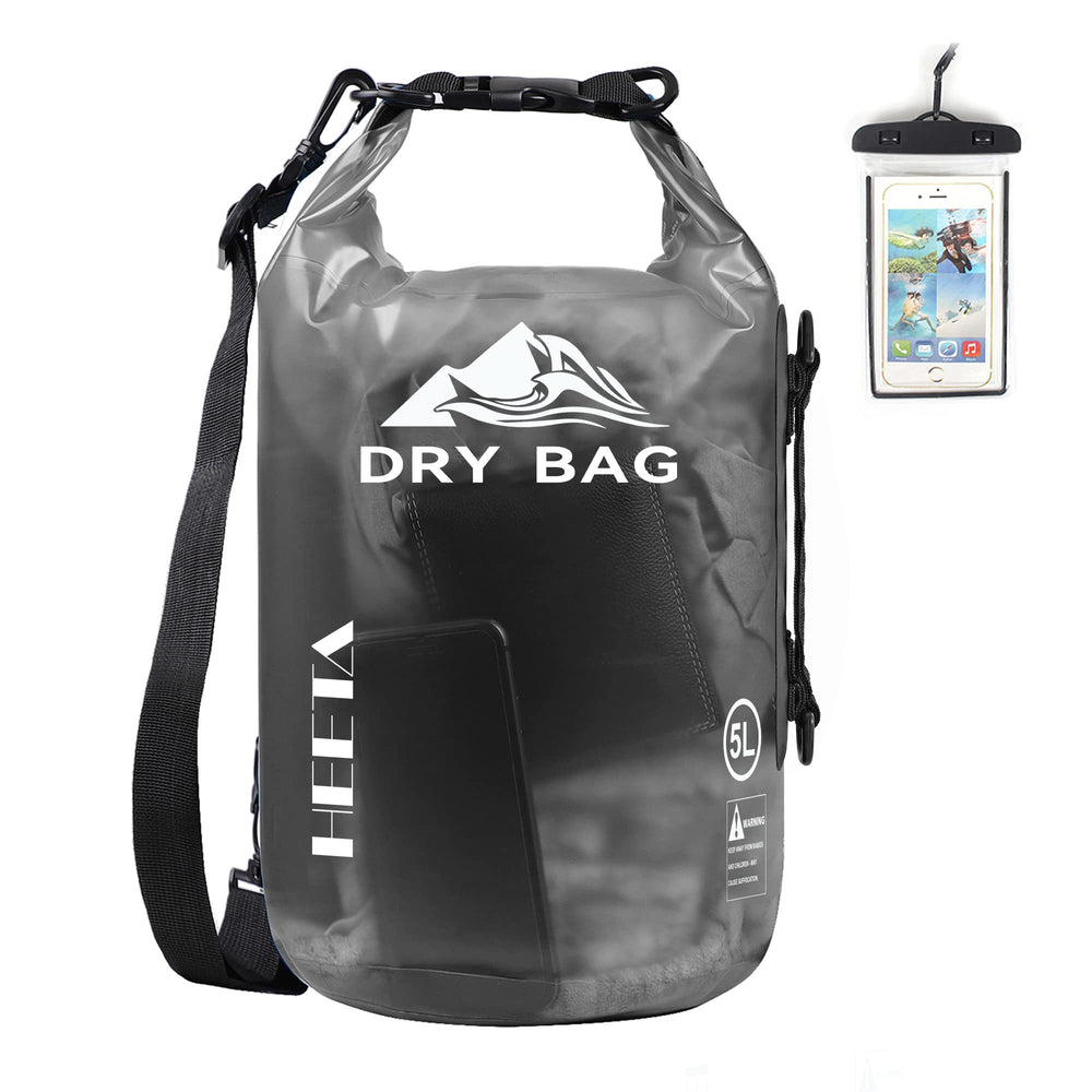 HEETA front view of 20L transparent black dry bag showing closure and capacity benefit