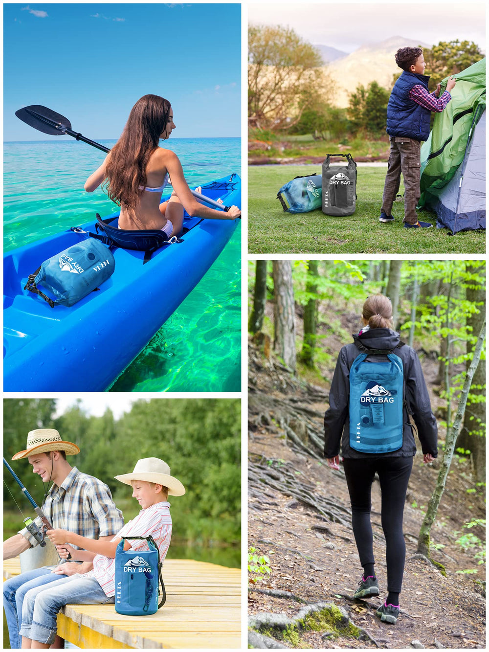 HEETA dry bag strapped to kayak showing secure hands-free carry benefit