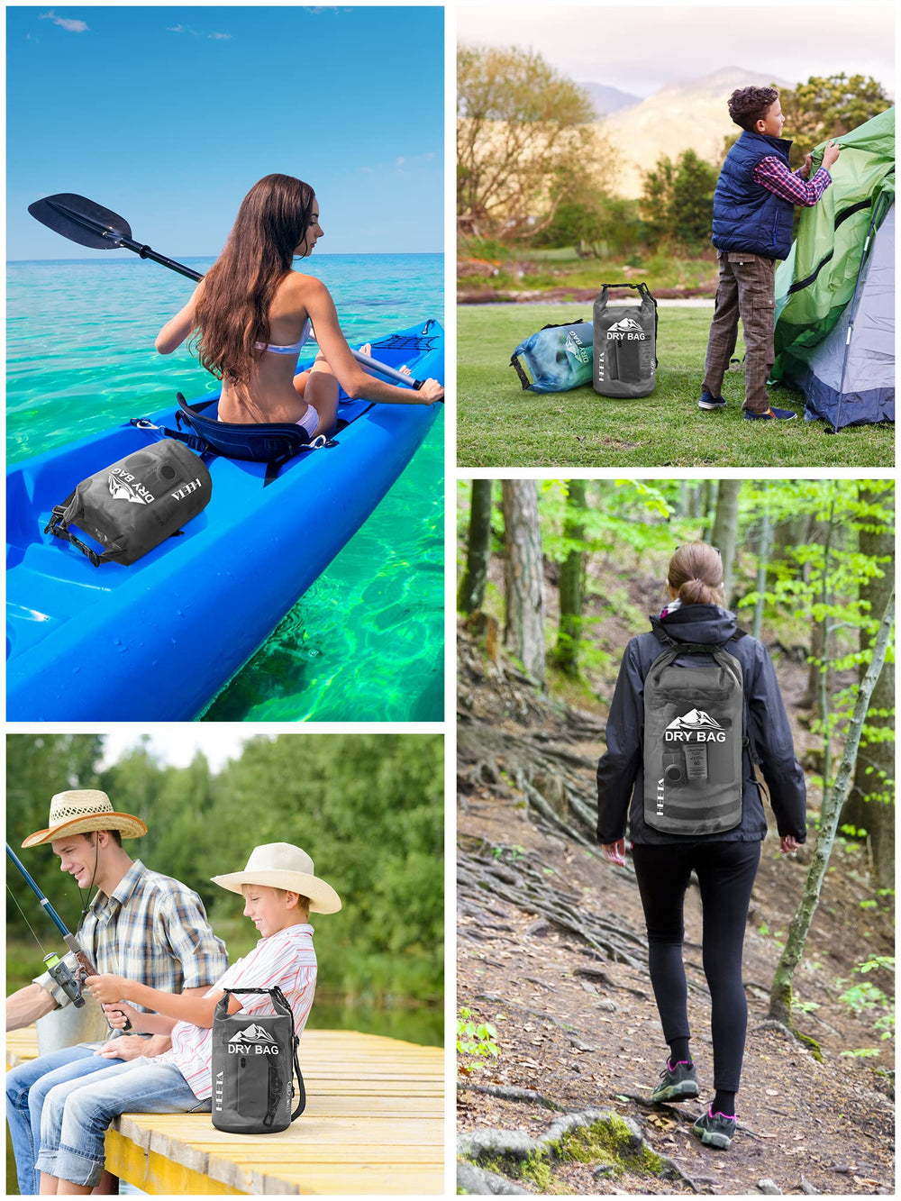 HEETA dry bag beside water bottle showing 20L scale and packing capacity benefit