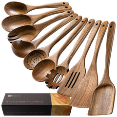 Hefild acacia wooden utensil set front view showing all ten pieces and durable finish