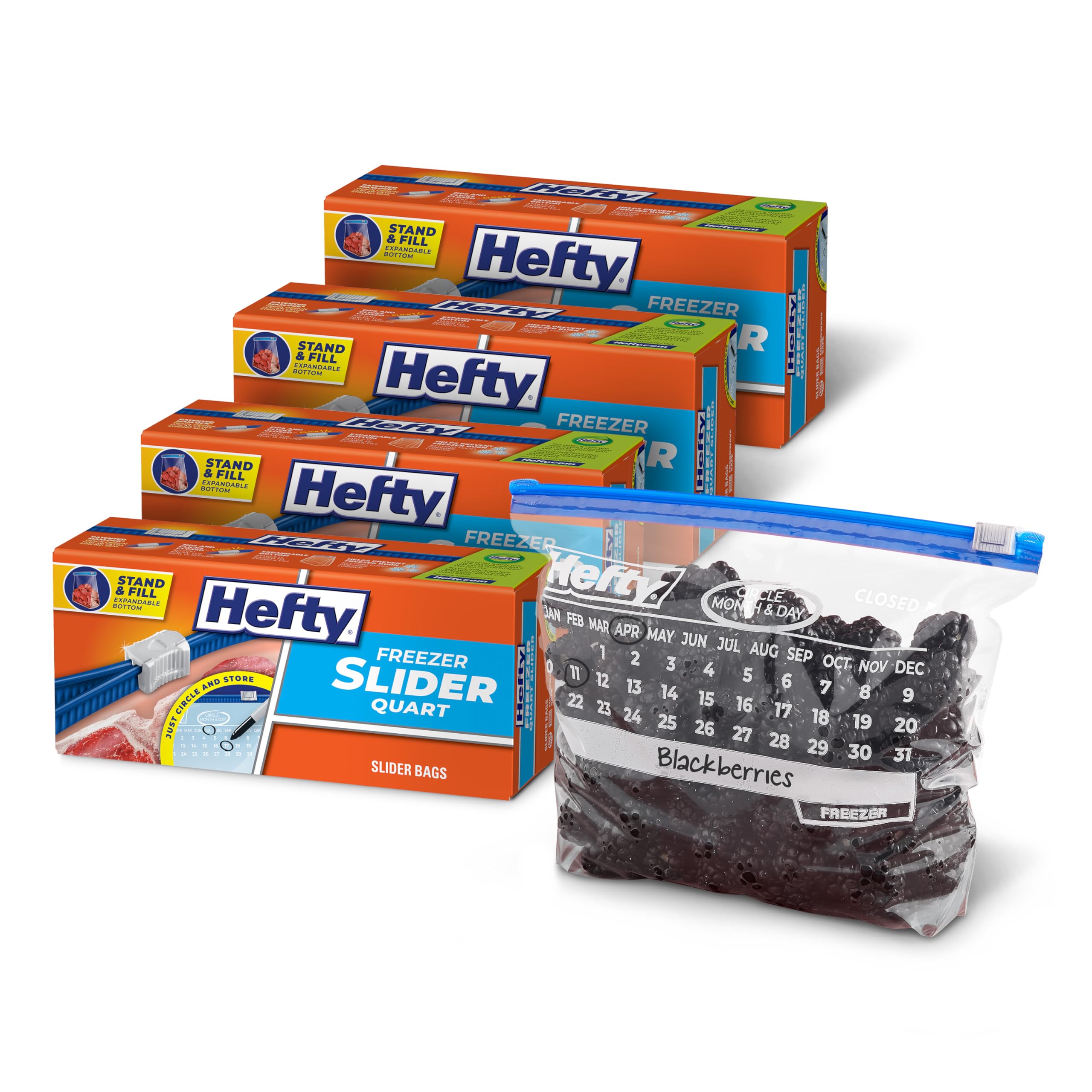Hefty bolsa frente del paquete mostrando cantidad y beneficio de organización