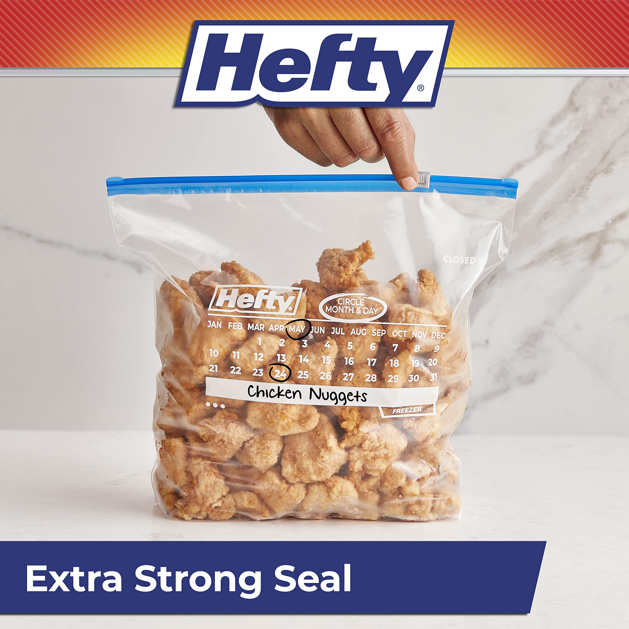 Hefty riel MaxLock y deslizador mostrando sello resistente y fácil uso