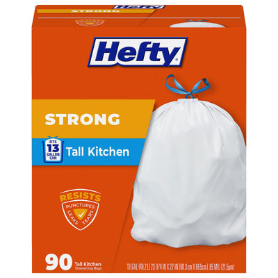 Hefty paquete frontal de 90 bolsas blancas mostrando cantidad y beneficio de ahorro