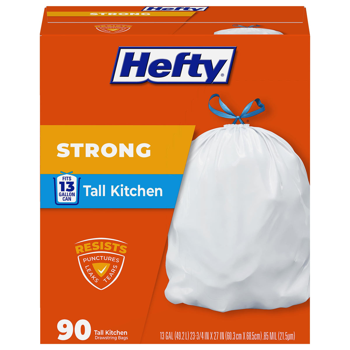 Hefty paquete frontal de 90 bolsas blancas mostrando cantidad y beneficio de ahorro