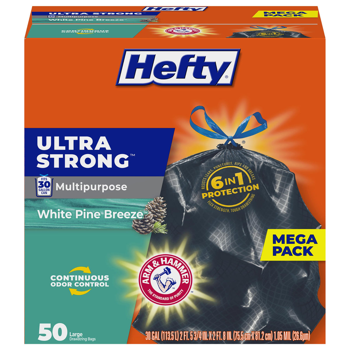 Hefty frente del paquete mostrando 50 bolsas y beneficio de cantidad
