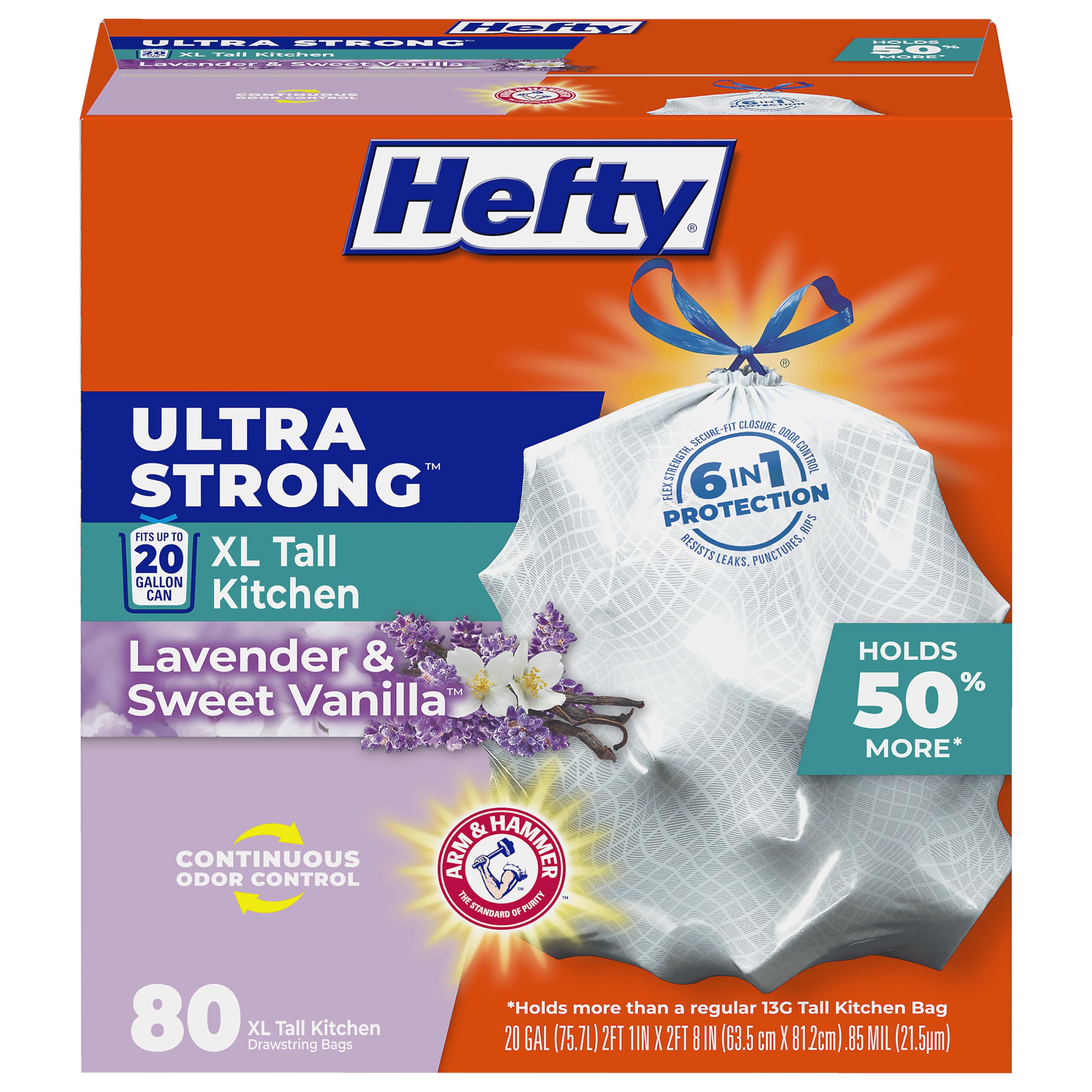 Hefty frente del empaque mostrando cantidad y aroma beneficios