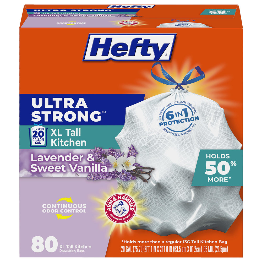 Hefty frente del empaque mostrando cantidad y aroma beneficios