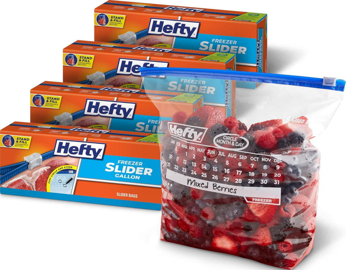 Hefty frente del paquete con cantidad y galón, organización inmediata