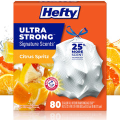 Hefty paquete frontal de 80 bolsas Citrus Spritz mostrando cantidad y color blanco