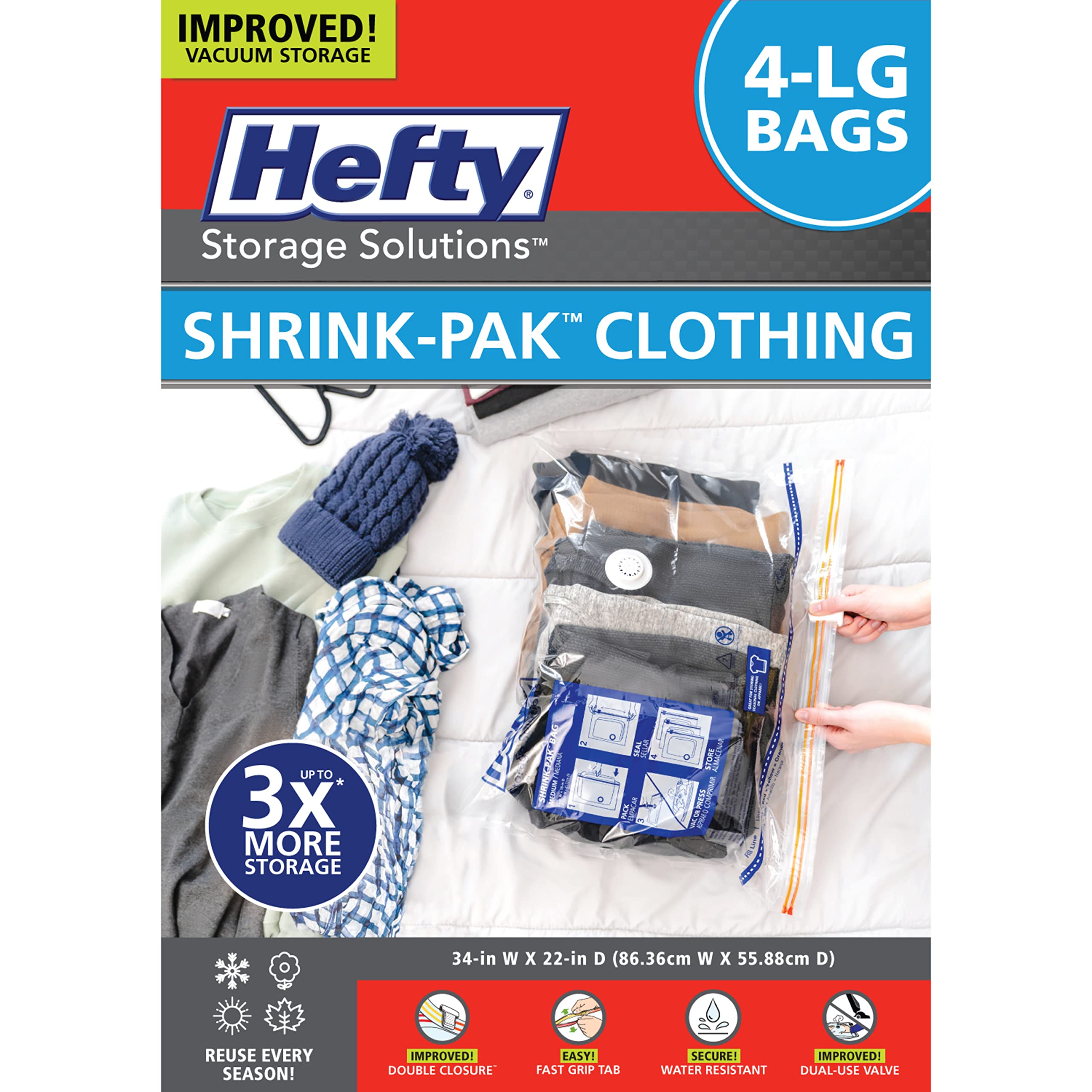 Shrink-Pak empaque frontal mostrando cuatro bolsas y beneficios de ahorro