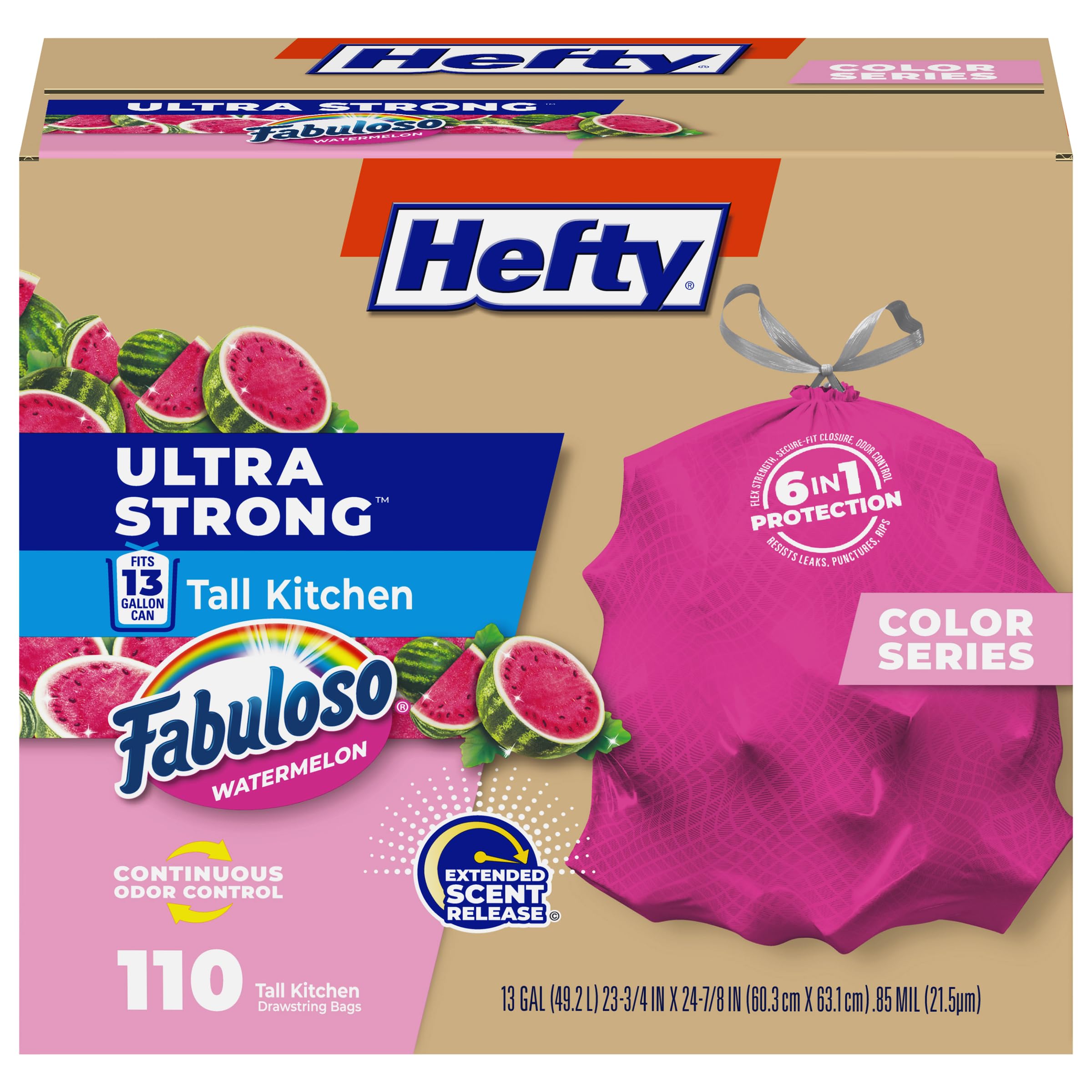 Hefty empaque frontal rosa mostrando 110 bolsas y resistencia garantizada
