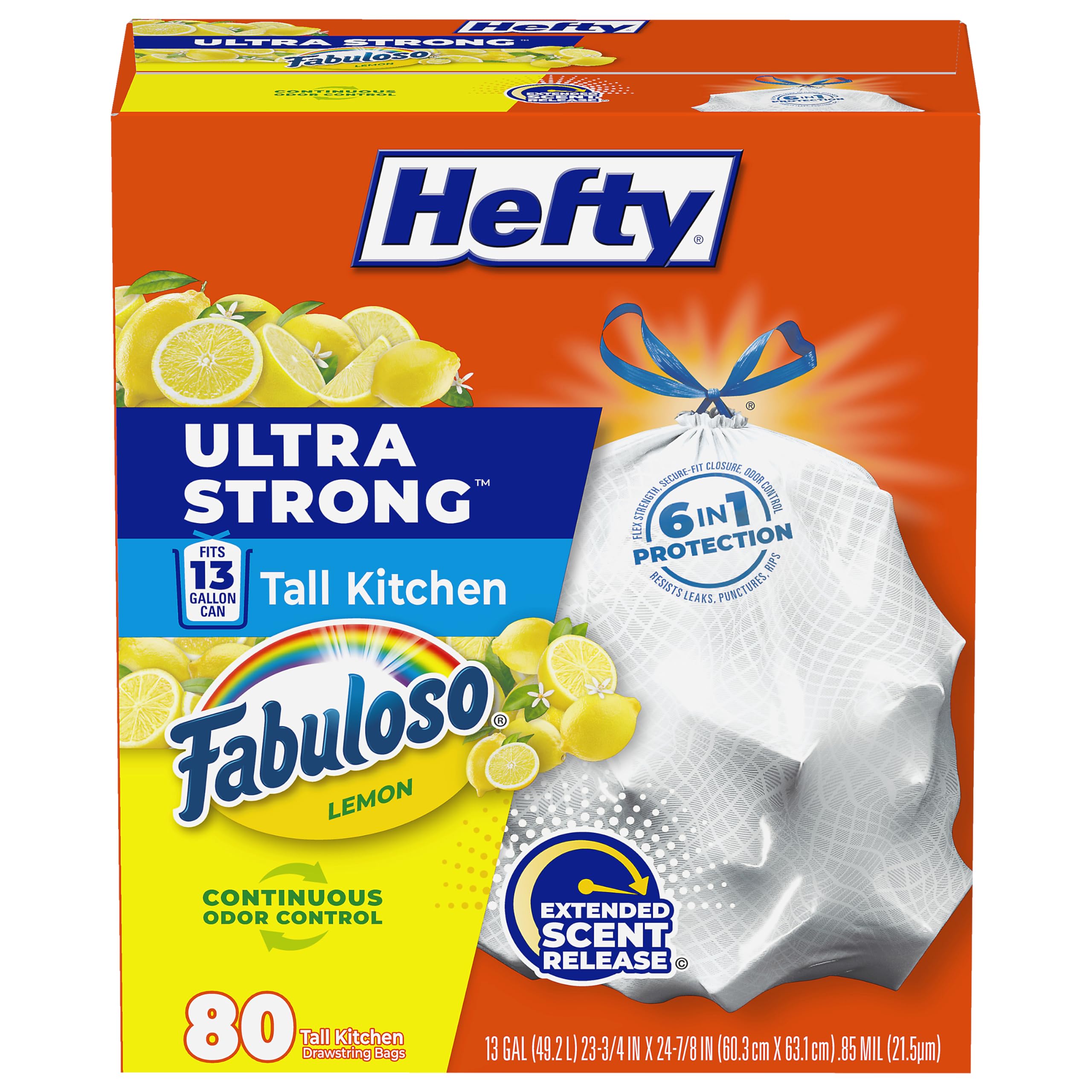 Hefty frente del paquete mostrando 80 bolsas y aroma Fabuloso Lemon beneficios de frescura
