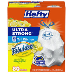 Hefty frente del paquete mostrando 80 bolsas y aroma Fabuloso Lemon beneficios de frescura