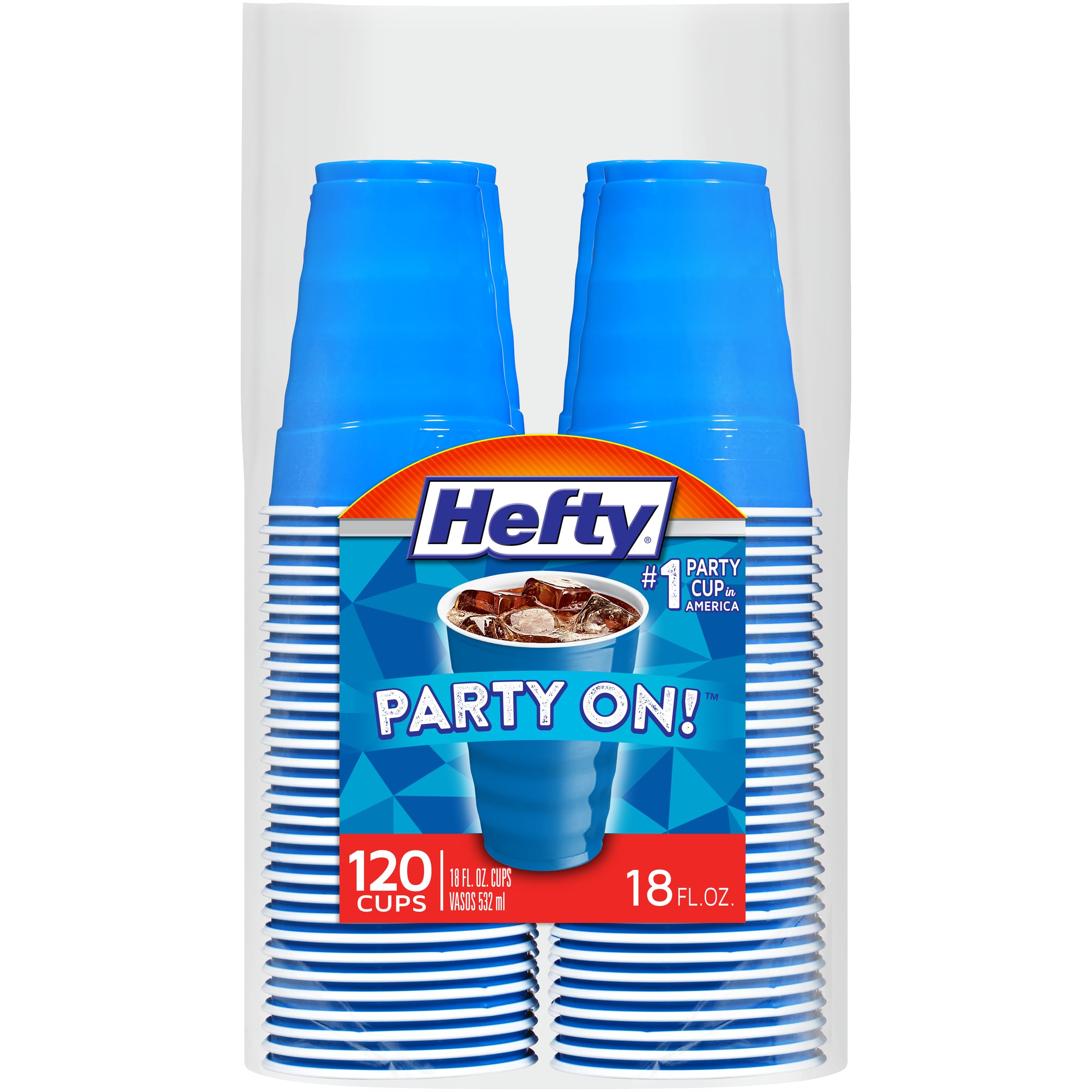 Hefty vaso frente del empaque azul marino mostrando cantidad y tamaño