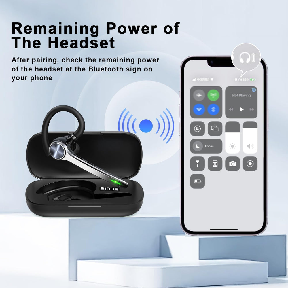 HEIBAS earpiece on desk near laptop and phone showing work-friendly setup