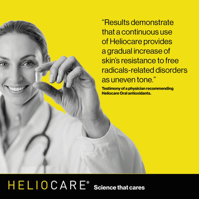 Heliocare cápsulas junto a productos de rutina diaria en baño