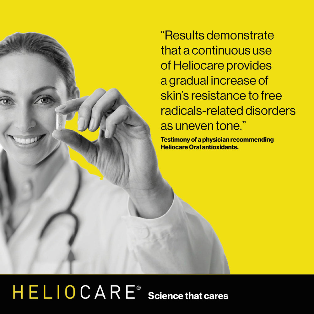 Heliocare cápsulas junto a productos de rutina diaria en baño