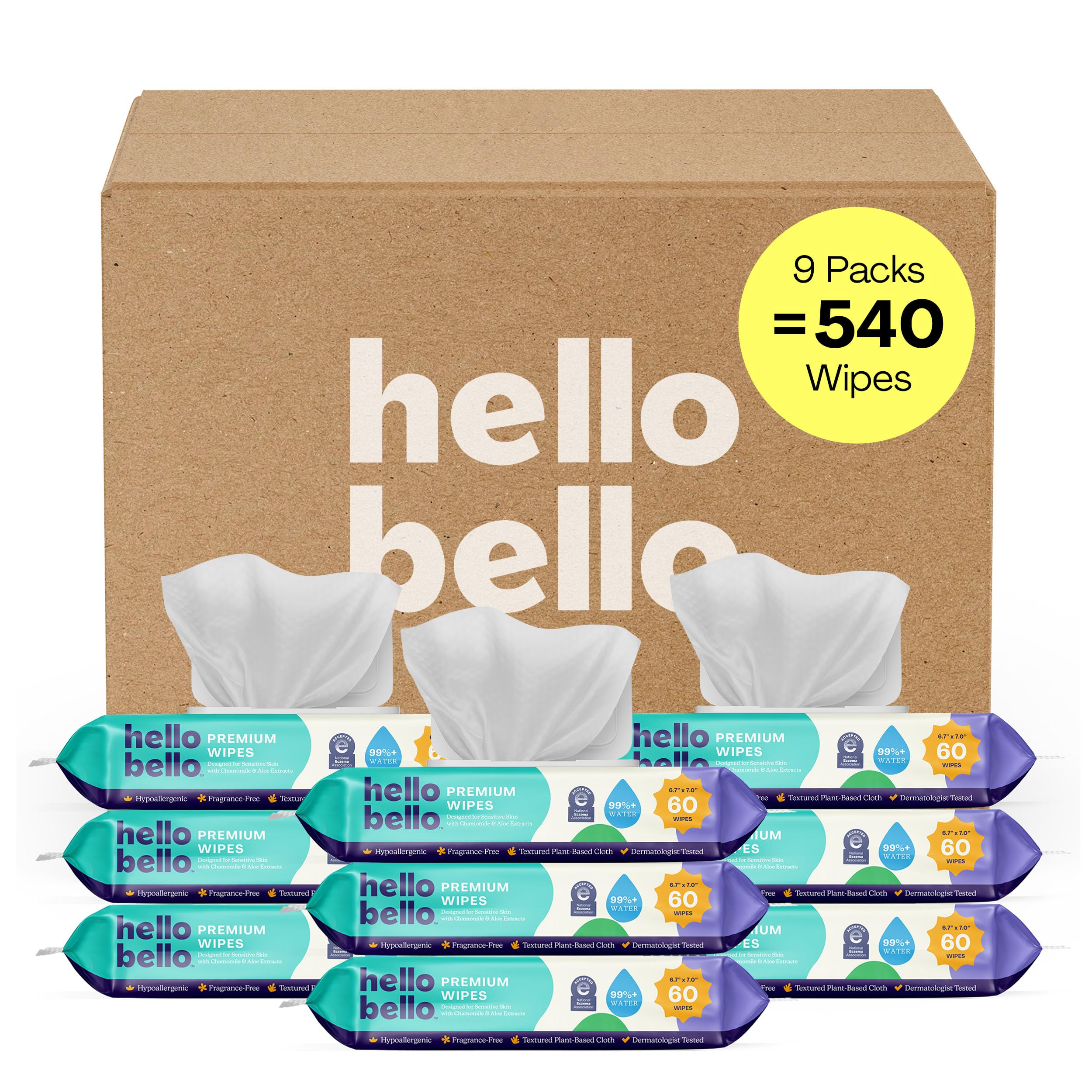 Hello Bello paquete frontal mostrando cantidad y diseño, práctico para almacenamiento