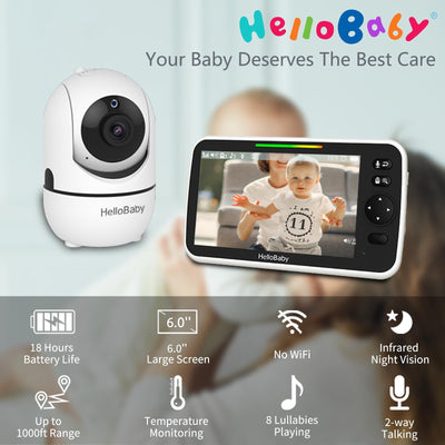 HelloBaby camera close-up lens showing pan-tilt mechanism for full-room coverage
