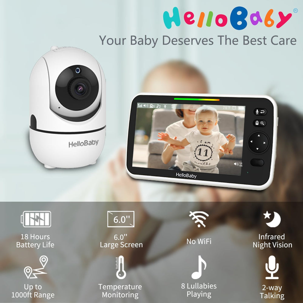 HelloBaby camera close-up lens showing pan-tilt mechanism for full-room coverage