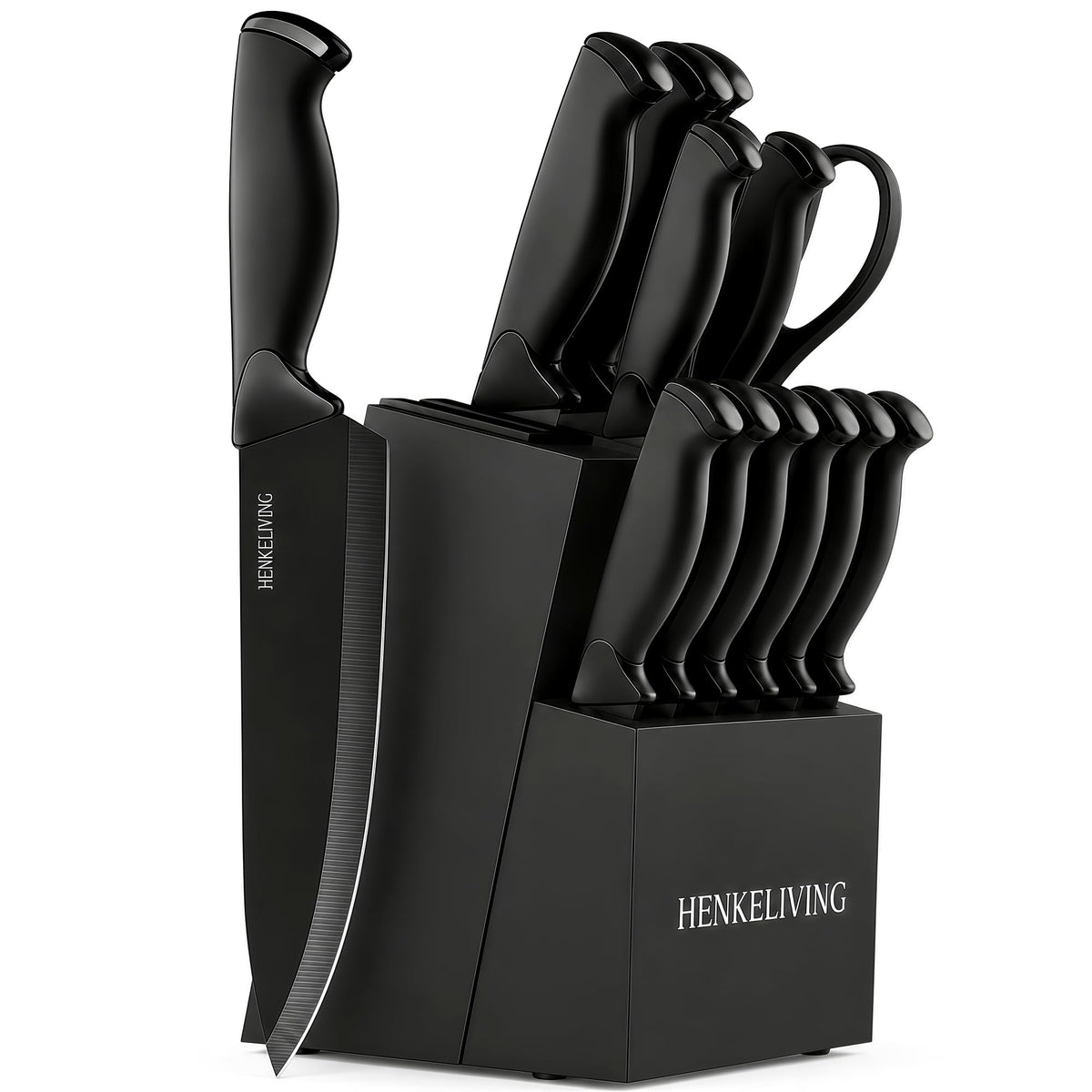 HENKELIVING front view of full knife block set showing organized storage and sleek design