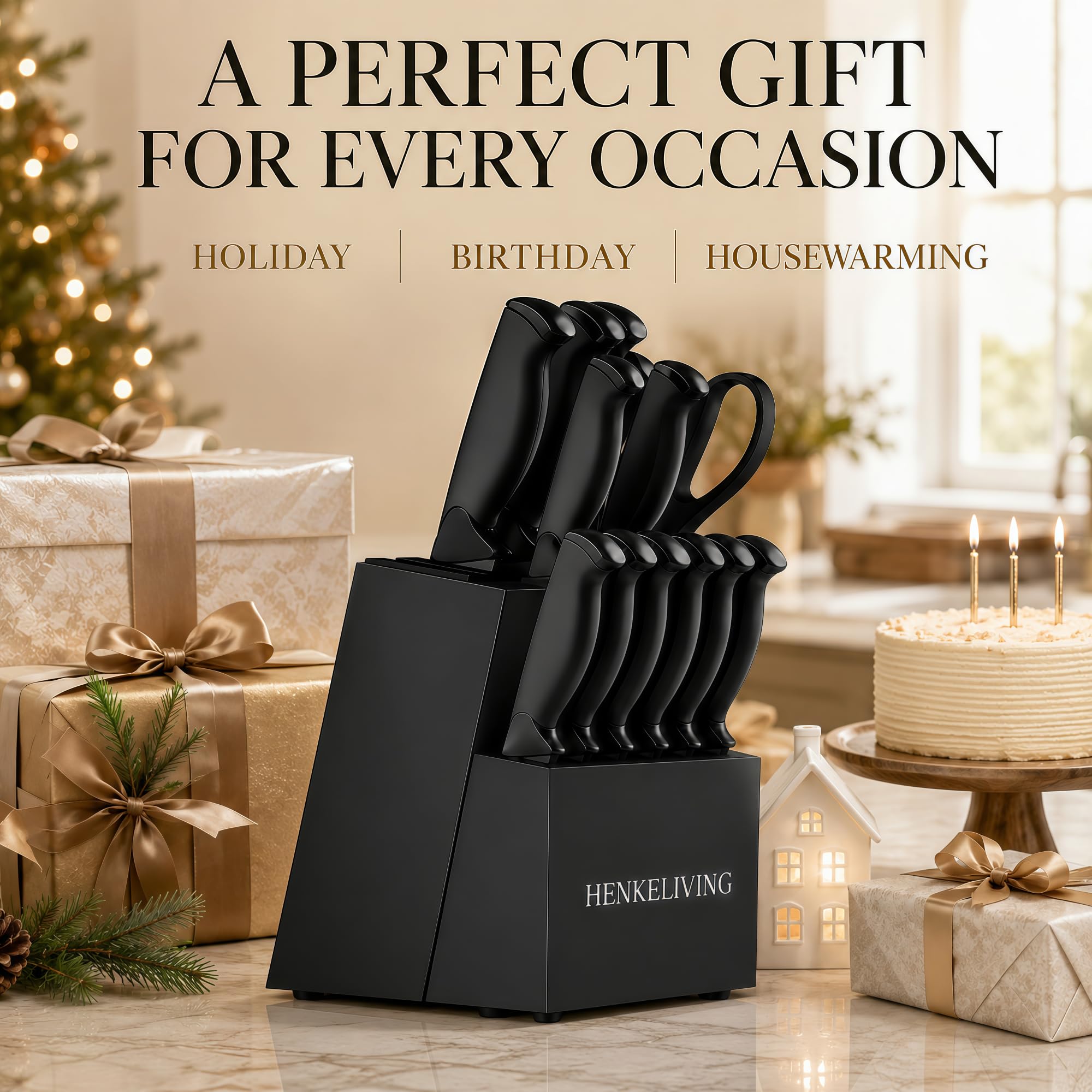 HENKELIVING knife block on countertop in modern kitchen lifestyle setting